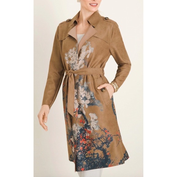Chico's Jackets & Blazers - Chico's‎ Scuba Suede Trench Coat Floral Tiger Print Brown Size 00 XS New Artsy